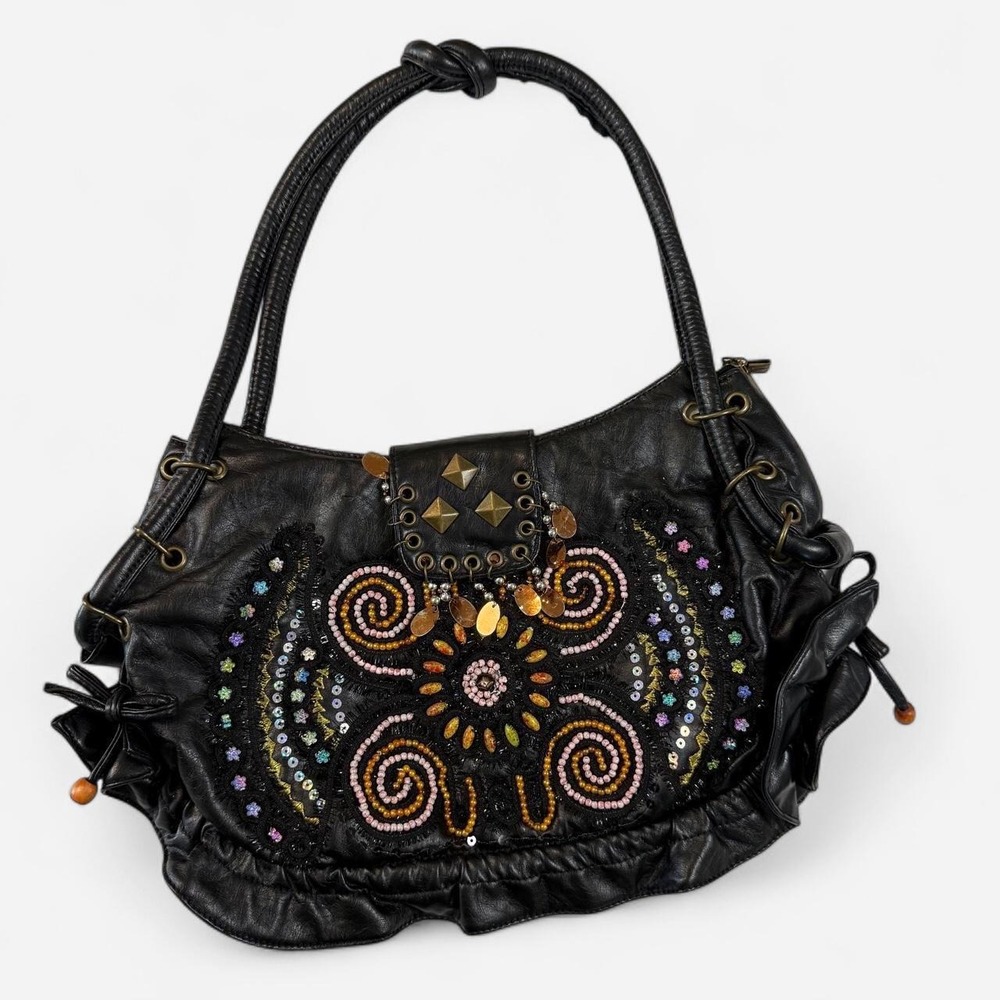 XYZ Brand Y2K Boho Chic Beaded Sequined Faux Leather Shoulder Bag Black Multi